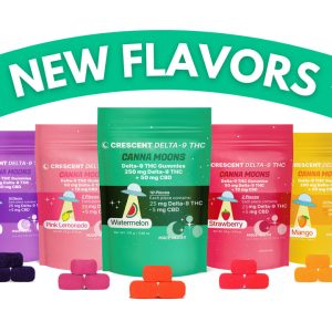 25 mg Canna Moons Delta-9 THC Gummies in vibrant packaging with a variety of colors and flavors.