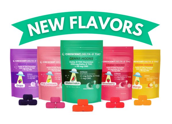 25 mg Canna Moons Delta-9 THC Gummies in vibrant packaging with a variety of colors and flavors.