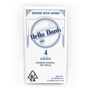 Hella Dank hash-infused hybrid pre-rolls showcasing four tightly rolled joints filled with high-potency hybrid cannabis flower.