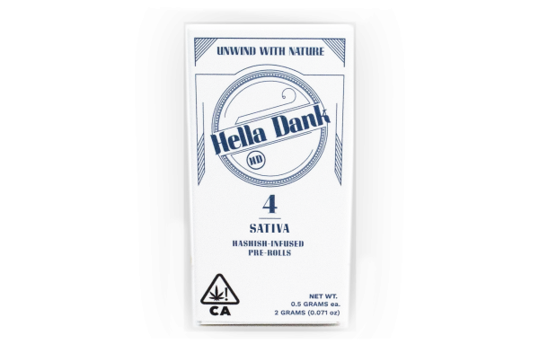 Hella Dank hash-infused hybrid pre-rolls showcasing four tightly rolled joints filled with high-potency hybrid cannabis flower.