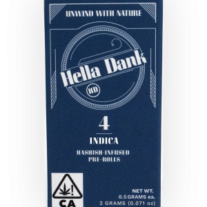 Hella Dank hash-infused indica pre-rolls showcasing four expertly rolled joints with potent cannabis flower and hash infusion.