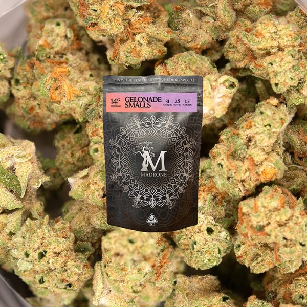 Madrone Gelonade Flower Smalls showcasing dense, trichome-covered buds with vibrant green and orange hues.