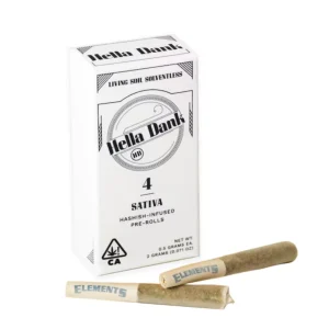 Hella Dank hash-infused sativa pre-rolls showcasing four neatly rolled joints with high-potency cannabis flower and hash.