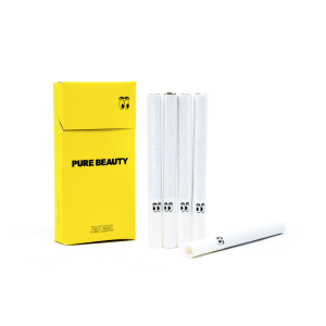 Pure Beauty Sativa Cannabis Cigarettes, showcasing five neatly rolled joints in a sleek pack, filled with premium sativa cannabis.