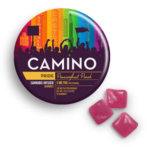 Camino Pride Passionfruit Gummies in vibrant packaging with rainbow colors.