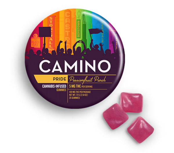 Camino Pride Passionfruit Gummies in vibrant packaging with rainbow colors.