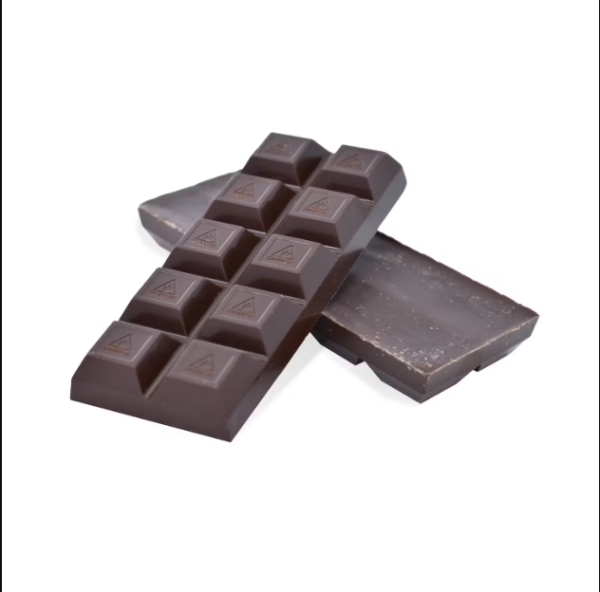 Dark Chocolate Bar with 100mg THC in sleek packaging, featuring smooth, rich chocolate squares.