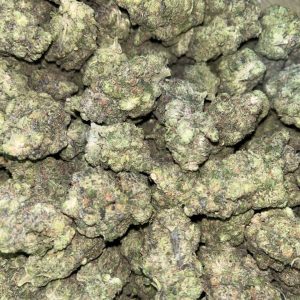 GMO cannabis strain flower with dense, frosty buds showcasing vibrant green and purple hues.