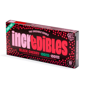 Incredibles Black Cherry Chocolate THC Bar with dark, rich chocolate and vibrant cherry accents.