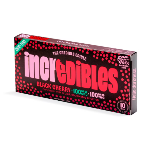 Incredibles Black Cherry Chocolate THC Bar with dark, rich chocolate and vibrant cherry accents.