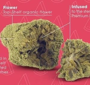 Moon Rocks Watermelon cannabis flower infused with hash oil and rolled in kief, offering sweet watermelon flavors and strong effects.